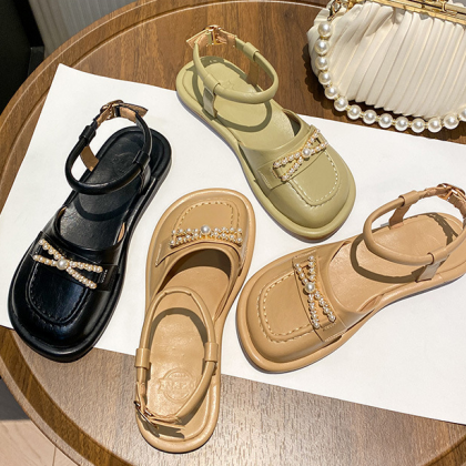 Pearl Bow Flat Sandals For Women External Wear..