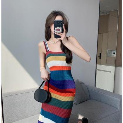 Colorful Stripe Knitted Suspended Dress..