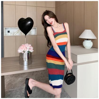 Colorful Stripe Knitted Suspended Dress..