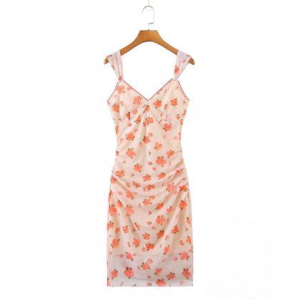 Summer French Floral Strap Dress V-neck Pleated..