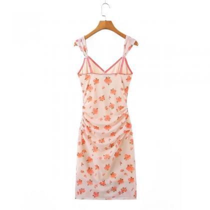 Summer French Floral Strap Dress V-neck Pleated..