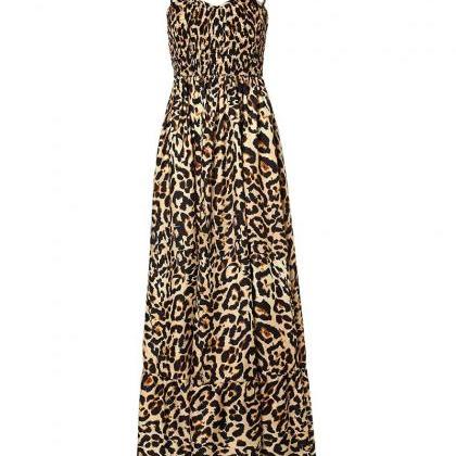 Long Dress Leopard Print Mid Waist Strap Summer..