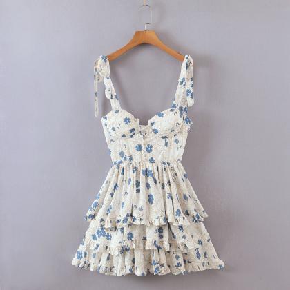 Summer Printed Chiffon Skirt V-neck Sexy Bra Dress..