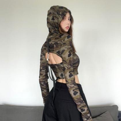 Camouflage Hollowed Out Backpack Buckle Hooded..