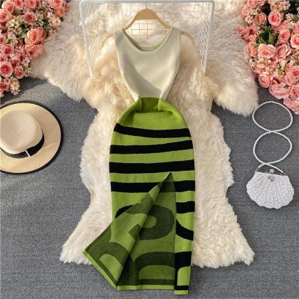 Summer Striped Round Neck Waist Wrapped For Slim..