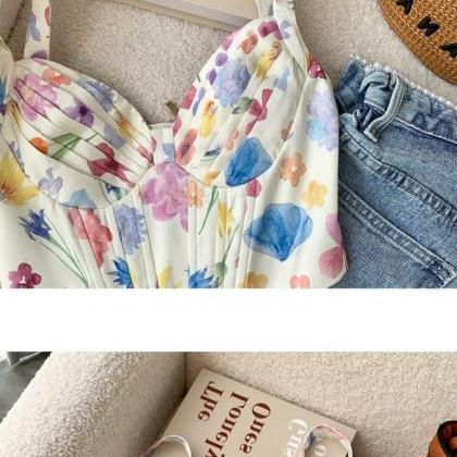 Watercolor Floral Bra Small Strap Vest For Women