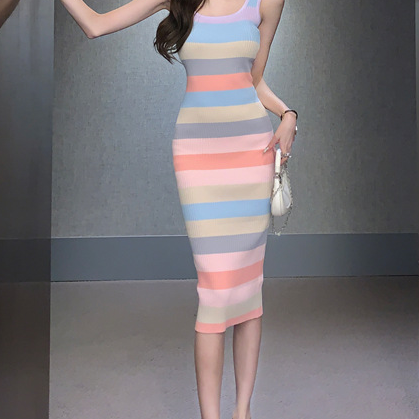 Hip Wrap Tank Top Long Dress Trendy Rainbow Stripe..