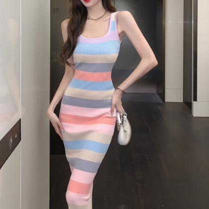 Hip Wrap Tank Top Long Dress Trendy Rainbow Stripe..