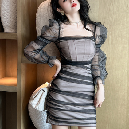 Bubble Sleeved Mesh Pleated Belly Covering Slim..