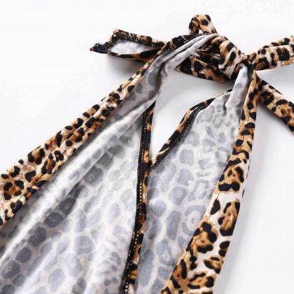 Leopard Print V-neck Sexy Sleeveless Leaky Back..
