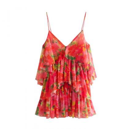 V-neck Floral Print Layered Design Strap Dress