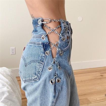 Sexy High Waist Jeans Spring/summer Iron Chain..