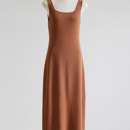 U-neck Knitted Dress, Solid Color Versatile Medium..