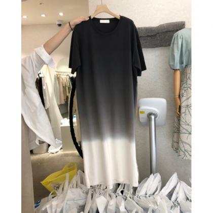 Summer Casual Round Neck Contrast Loose Slim Mid..