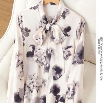 Fashionable Ribbon Bottom Shirt With Bow Tie Long..
