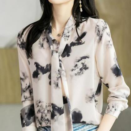 Fashionable Ribbon Bottom Shirt With Bow Tie Long..