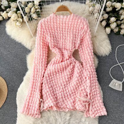 Bubble Plaid Long Sleeved Dress For Autumn..