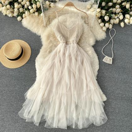Irregular Mesh Fluffy Fairy Dress With High Waist..