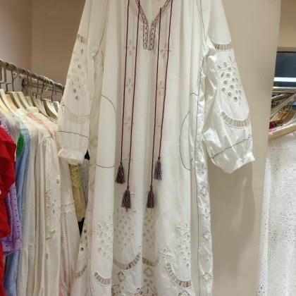 Embroidered Hollow Out White Cotton Dress With..