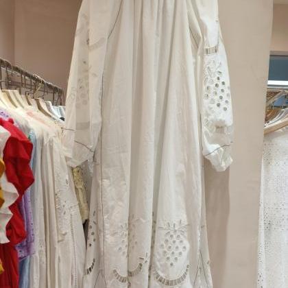 Embroidered Hollow Out White Cotton Dress With..