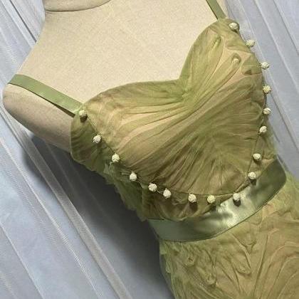 Summer Green Mesh Pleated Heart Studded Pearl..