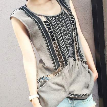 Heavy Embroidery Long Shirt Woman