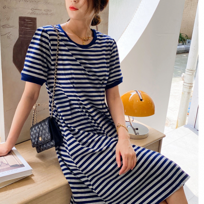 Knitted Striped Dress Loose Midi Skirt Korean..