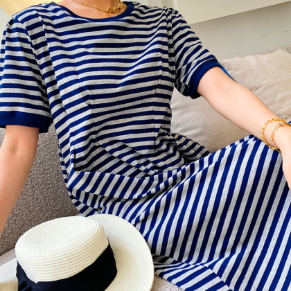 Knitted Striped Dress Loose Midi Skirt Korean..
