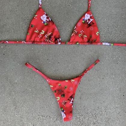 Christmas Print Bikini For Women Tie Pool Swimsuit..