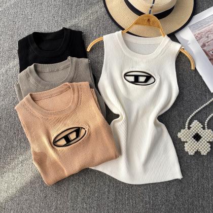Round Neck Hollowed-out Letters Spice Knit Tank..