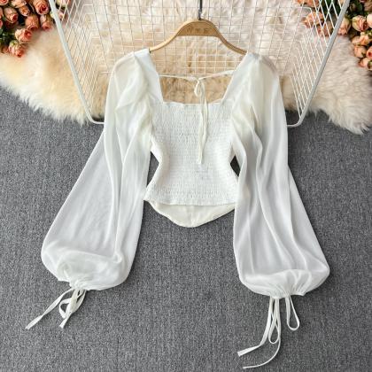 Romantic Ivory Bow-tie Crop Top With Billowy Sheer..