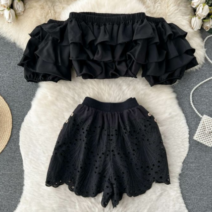 One-line Shoulder Ruffled Chiffon Top Hollowed Out..