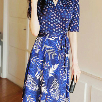 Summer Vintage Print Dress Five-quarter Sleeve..