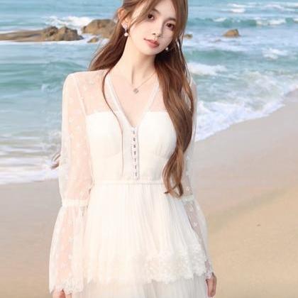 Chiffon Lace Sweet Angel Sleeve V-neck Dress