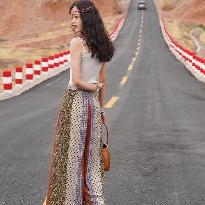 Ethnic Style High-waisted Printed Wide-leg Pants..
