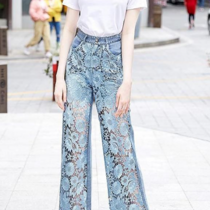 High-waisted Wide-leg Pants All-in-one Lace..