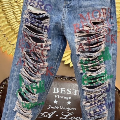 Fashion Trend Letter Striped Ripped Jeans For..