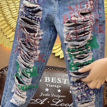 Fashion Trend Letter Striped Ripped Jeans For..