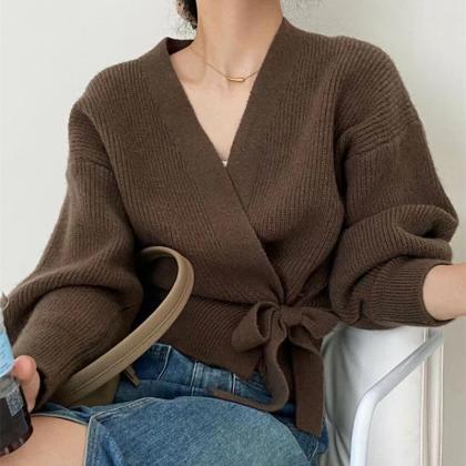 V-neck Lace-up Sweater For Women With Slim Design..