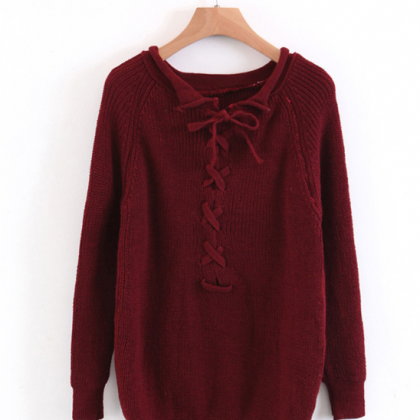 Crew-neck Strap Pullover Knit Stylish Solid Color..