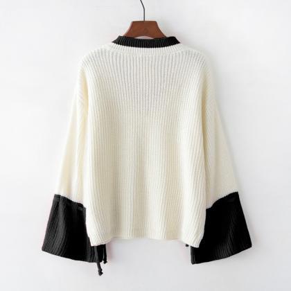 V-neck Pullover Sleeve Lace-up Loose Knit Sweater..