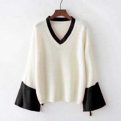 V-neck Pullover Sleeve Lace-up Loose Knit Sweater..