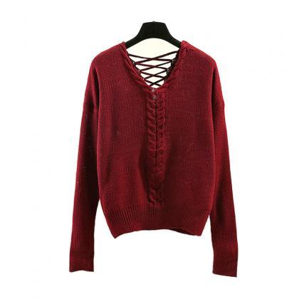 Solid Color Pullover Hollowed-out Lace Twist Knit..