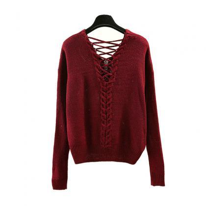 Solid Color Pullover Hollowed-out Lace Twist Knit..