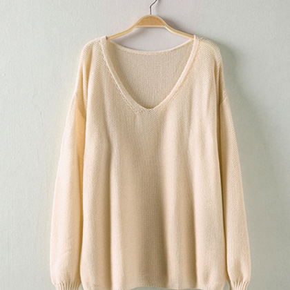 V-neck Long Sleeve Loose Thin Knit Sweater Solid..