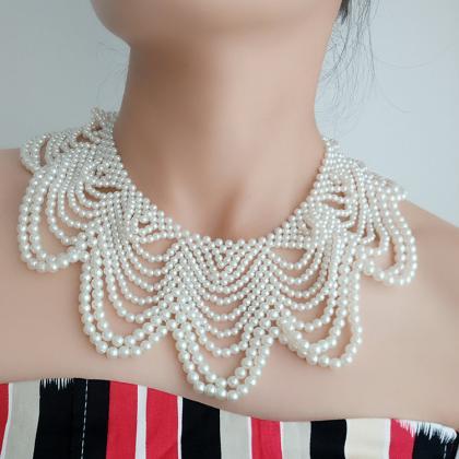 Woven Undulating Bubble Bead Collar Pearl Necklace..