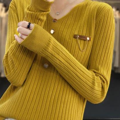 V-neck Long Sleeve Brooch With Foreign Style Loose..