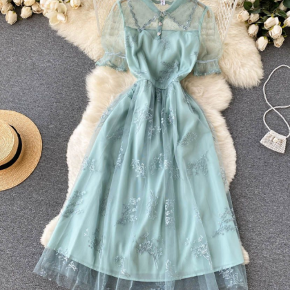 Green Bubble Sleeve Mesh Dress Summer