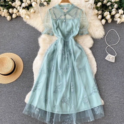 Green Bubble Sleeve Mesh Dress Summer