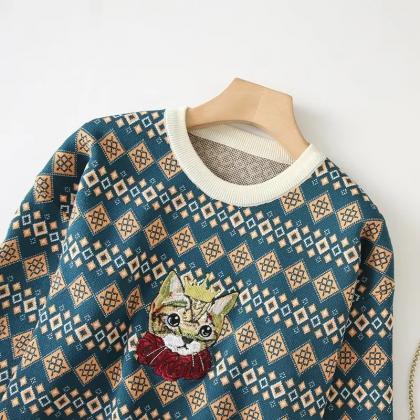 Vintage Pullovers Cute Cat Sweater